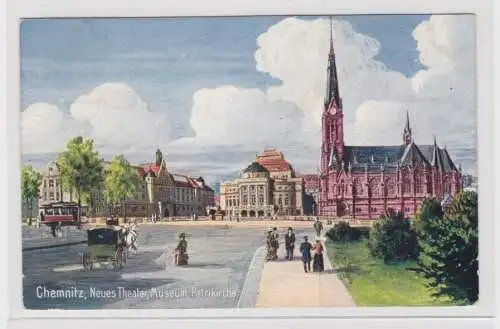 905838 AK Chemnitz - Neues Theater, Museum, Petrikirche, Straßenansicht 1913