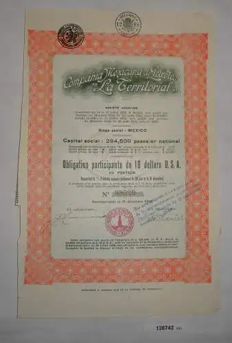 10 Dollar Aktie Compañia Mexicana de Petroleo "La Territorial" 1930 (126742)
