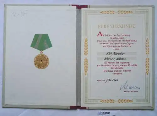 DDR Urkunde Medaille für treue Dienste Ministerium des Innern in Silber (114181)