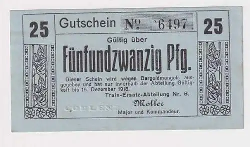25 Pfennig Banknoten Notgeld Coblenz Train Ersatz Abteilung Nr.8 1918 (167089)