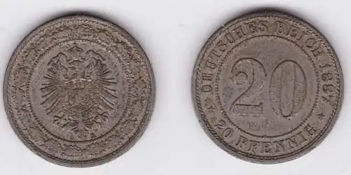 20 Pfennig Nickel Münze Kaiserreich 1887 A, Jäger 9  ss (131678)