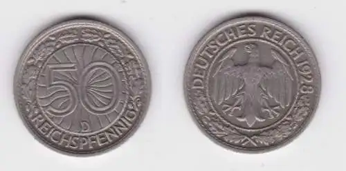 50 Pfennig Nickel Münze Weimarer Republik 1928 D ss+ (155709)