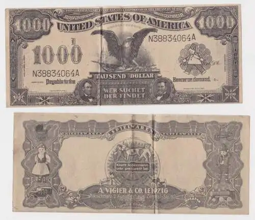 Reklame Banknote 1000 Dollar Spielwaren A. Vigier & Co. Leipzig um 1900 (165497)