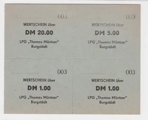 4 Banknoten 1 bis 20 Mark DDR LPG Geld "Thomas Müntzer" Burgstädt (164850)