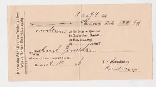 1,44 Reichsmark Quittung technische Werke Borna Rate auf Gaskocher 1936 (158569)