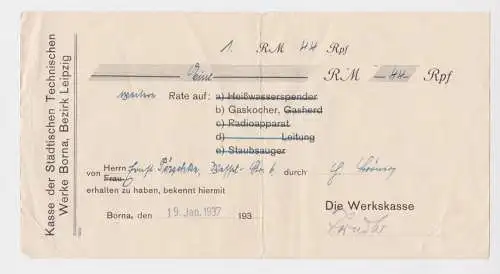 1,44 Reichsmark Quittung technische Werke Borna Rate auf Gaskocher 1937 (158093)