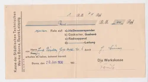 1,44 Reichsmark Quittung technische Werke Borna Rate auf Gaskocher 1936 (158567)
