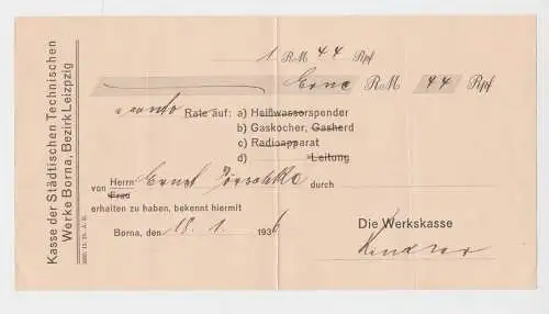 1,44 Reichsmark Quittung technische Werke Borna Rate auf Gaskocher 1936 (157221)