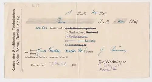 1,44 Reichsmark Quittung technische Werke Borna Rate auf Gaskocher 1936 (150712)
