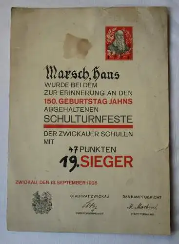 Urkunde Schulturnfest der Zwickauer Schulen z. 150. Geburtstag Jahn 1928 /163035