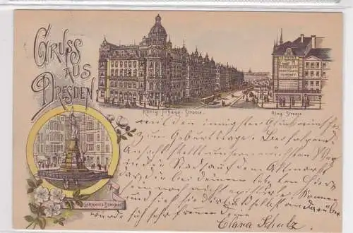 907156 AK Gruss aus Dresden - König-Johann-und Ring-Strasse mit Straßenbahn 1893