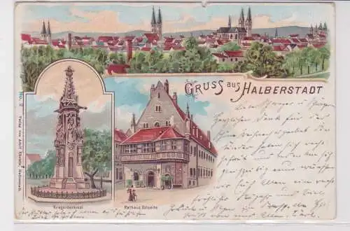 907715 Lithographie Ak Gruss aus Halberstadt - Kriegerdenkmal, Rathaus 1901