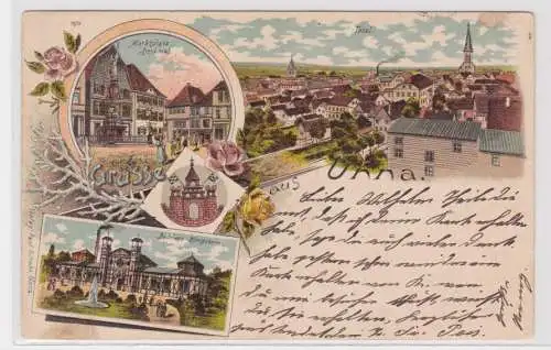 907593 Lithographie Ak Grüsse aus Unna, Marktplatz, Denkmal, Badehaus Königsborn