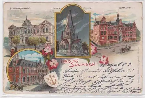 907253 Lithographie Ak Gruss aus Solingen - Gymnasium, Kirche, Bezirks-Kommando