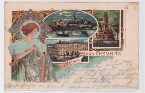 908047 Lithographie Ak Gruss aus Chemnitz - Schlossteich, Bahnhof und Brunnen