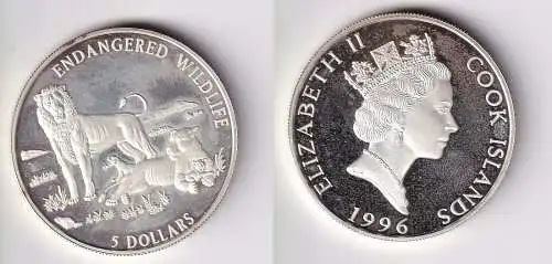 5 Dollar Silbermünze Cook Inseln 1996 bedrohte Tierwelt Löwenfamilie (161531)