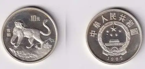 10 Yuan Silber Münze China Endangered Wildlife Snow Leopard 1992 PP (166192)