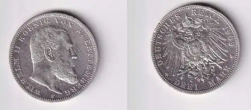 3 Mark Silber Münze Wilhelm II König von Württemberg 1909 ss (148967)