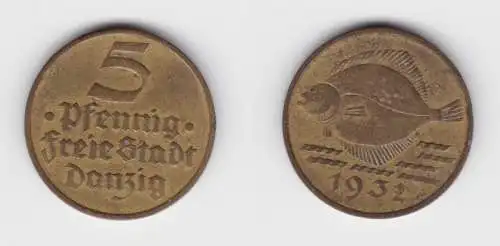 5 Pfennig Messing Münze Danzig 1932 Flunder ss (156334)