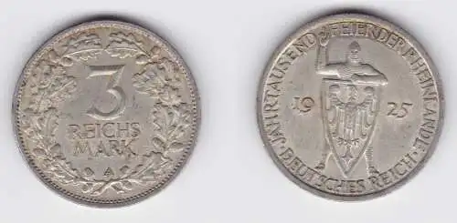 3 Mark Silber Münze 1000 Feier der Rheinlande 1925 A ss/vz (156183)