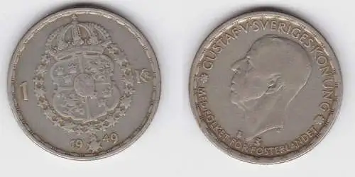 1 Krone Silber Münze Schweden 1949 (156251)