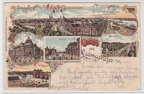 98502 Lithographie Ak Gruss aus Ludwigshafen - Post, Bahnhof, Rheinbrücke, Markt