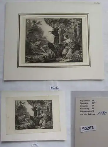 alter Stich - Motiv: Frau und Mann in der Natur, durch einen Bach getrennt - Man