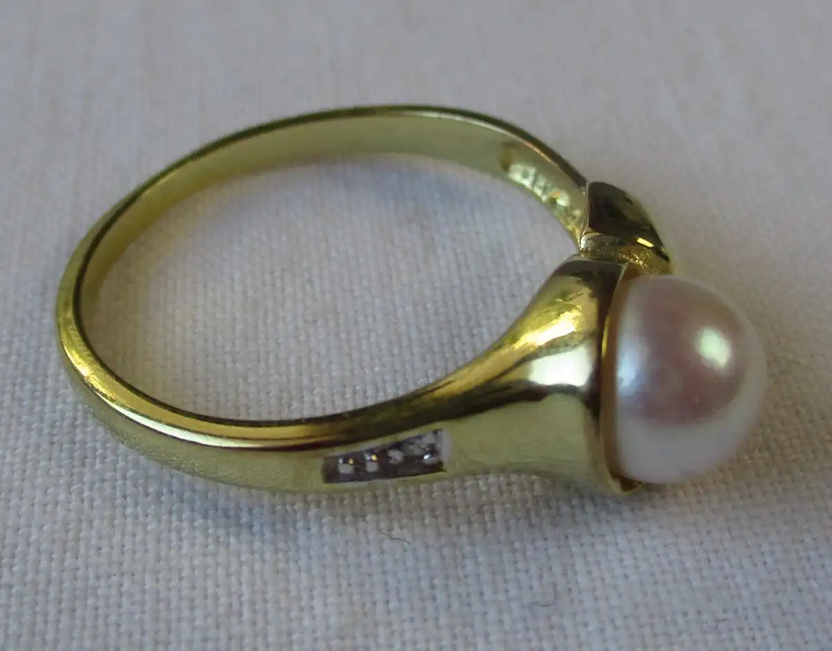 eleganter Damen Ring 333er Gold mit Diamantsplitter und Perle (108382) 1