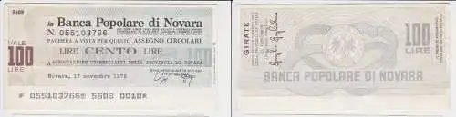 100 Lire Banknote Italien Italia  Banca Populare di Novara 17.11.1976 (153637)