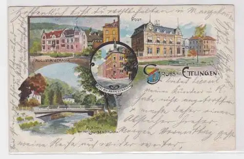 88959 Ak Lithographie Gruß aus Ettlingen Post, Augustastraße usw. 1902