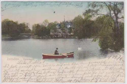 28354 AK Dresden - Carolasee, Bootspartie mit Schwan, Bahnpost 1903