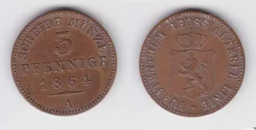 3 Pfennig Kupfer Münze Reuss ältere Linie 1864 A f.vz (139256)