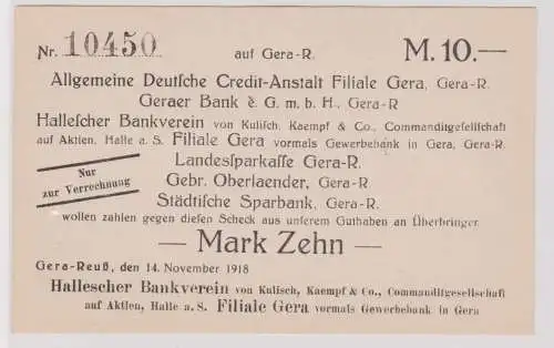10 Mark Banknote Gera Reuss Hallescher Bankverein 14.11.1918 (120347)