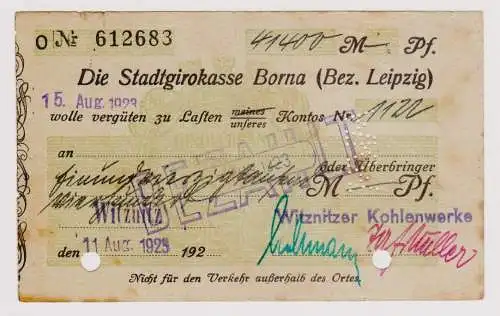 Firmenscheck 414000 Mark Banknote Stadtgirokasse Borna 11.8.1923 (120728)