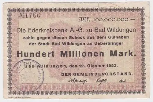 100 Millionen Mark Banknote Inflation Ederkreisbank Bad Wildungen 1923 (113304)