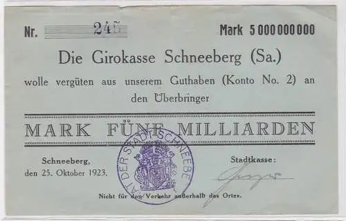 5 Milliarden Mark Banknote Girokasse Schneeberg Stadtkasse 25.10.1923 (122583)