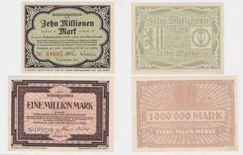 1 + 10 Mio. Mark Banknoten städtische technische Werke Leipzig 1923 (136729)