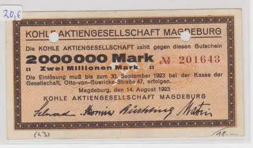 3 Millionen Mark Banknote Kohle AG Magdeburg 14.8.1923 (131624)