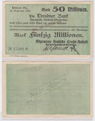 50 Millionen Mark Banknote Dresdner Bank Limbach 22.9.1923 (121679)