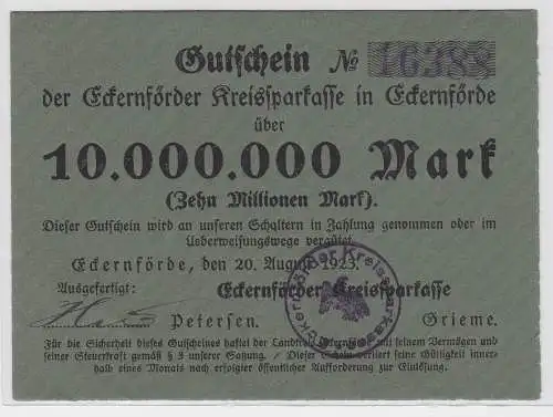 10 Millionen Mark Banknote Kreissparkasse Eckernförde 20.08.1923 (122215)