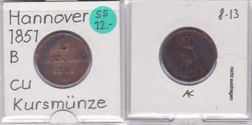 2 Pfennig Kupfer Münze Hannover 1851 B (121097)