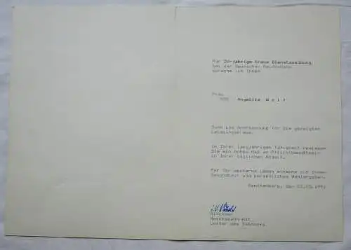 Urkunde 20 Jahre Dienstausübung Deutsche Reichsbahn Bahnhof Senftenberg (136010)
