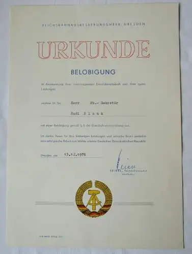DDR Urkunde Belobigung Reichsbahnausbesserungswerk Dresden 1976 (130173)