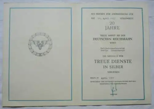 DDR Urkunde 20 Jahre Treue Dienste Silber Deutsche Reichsbahn Berlin (134084)