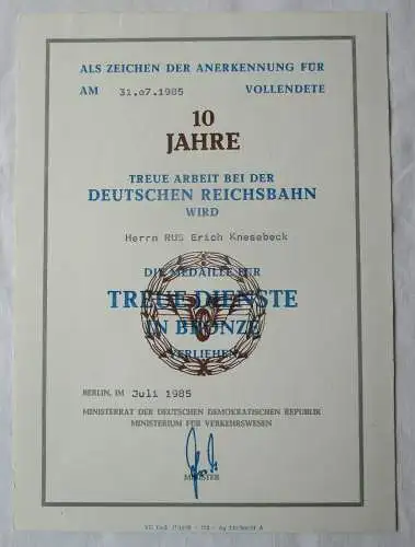 DDR Urkunde 10 Jahre Treue Dienste Bronze Deutsche Reichsbahn Berlin (137883)