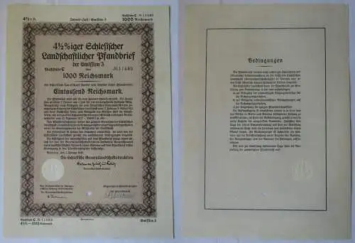 1000 RM Pfandbrief Schlesische Landschaftsdirektion Breslau 2.Jan. 1940 (118507)