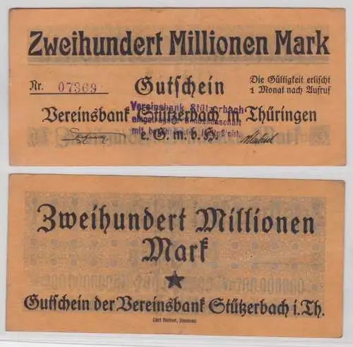 200 Millionen Mark Banknote Inflation Vereinsbank Stützerbach 1923 (144015)