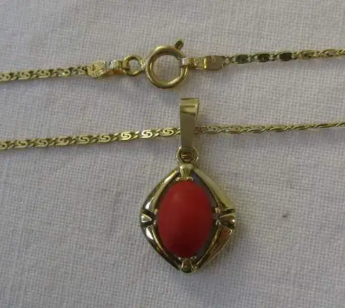 elegante 585er Gold Damenkette mit 333er Gold Korallen Anhänger (112871)