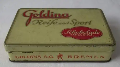 alte Blechdose Dose Goldina Bremen Reise und Sport Schokolade Täfelchen (127407)