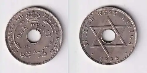 1 Penny Kupfer Nickel Münze Britisch Westafrika 1936 Lochmünze vz (169973)